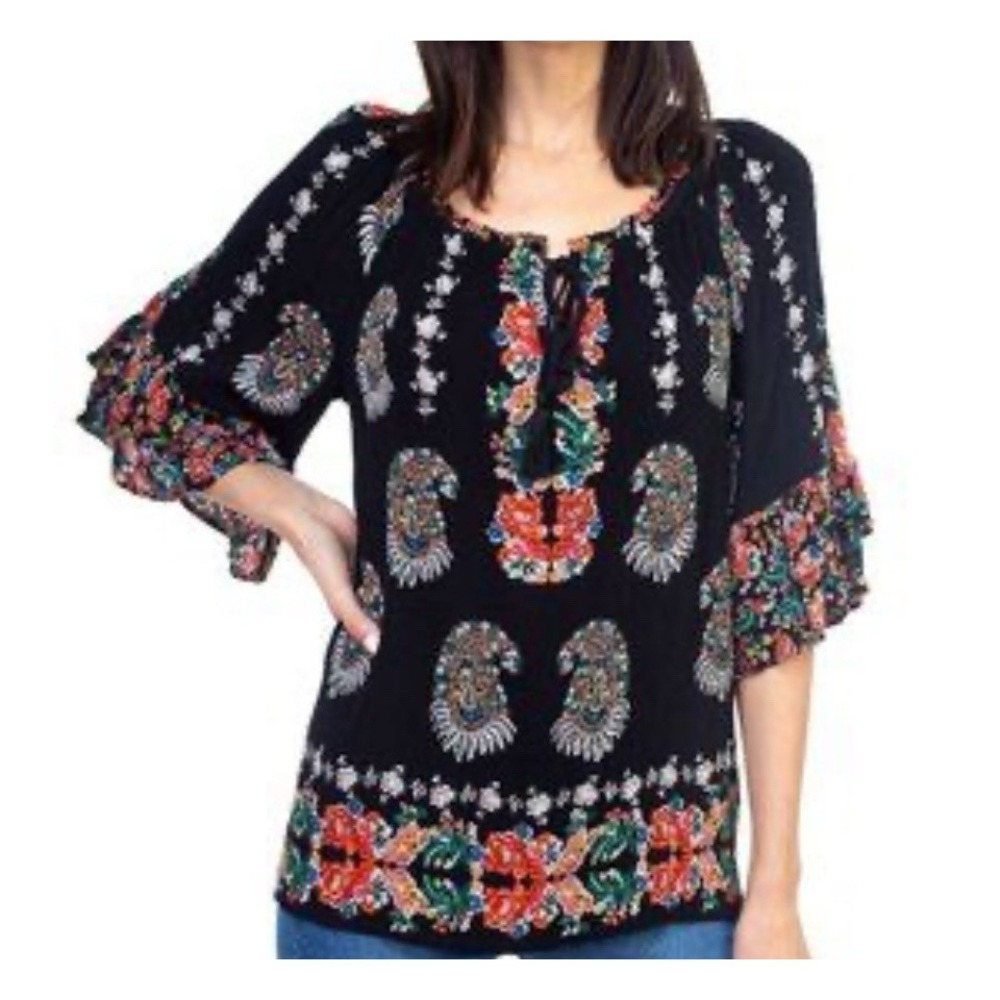 Bila Blouse Womens Sz XL Black Floral Paisley Kimono Ruffle Sleeve Tasseled Boho